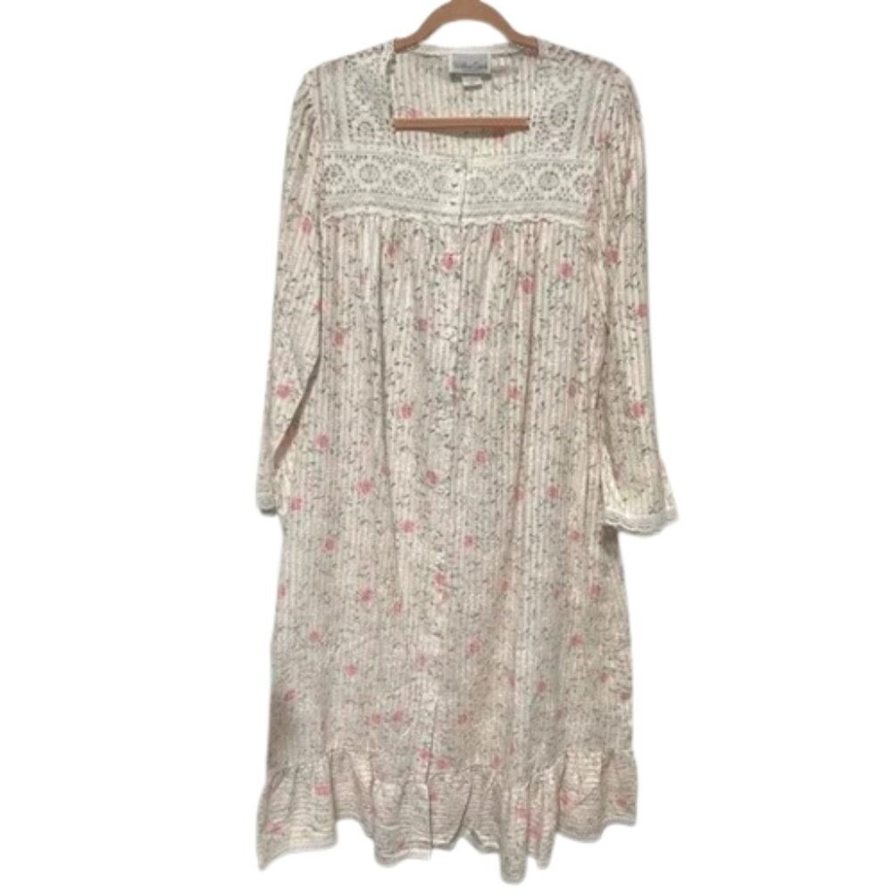 Willow Creek Vintage Floral Lace Nightgown Pink Rose Button Front Small Made USA